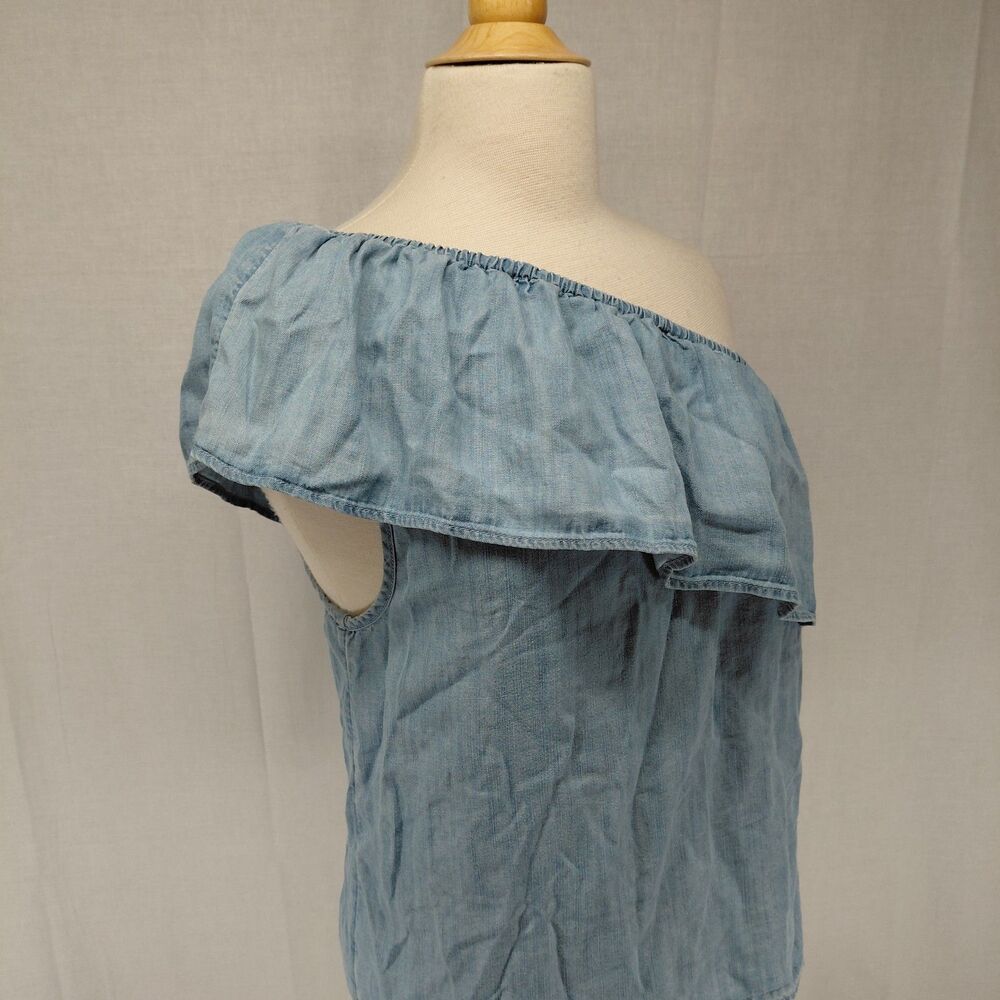 NWT American Eagle One-Shoulder Denim Chambray Top Ruffled Neckline Sz XL - Picture 3 of 8